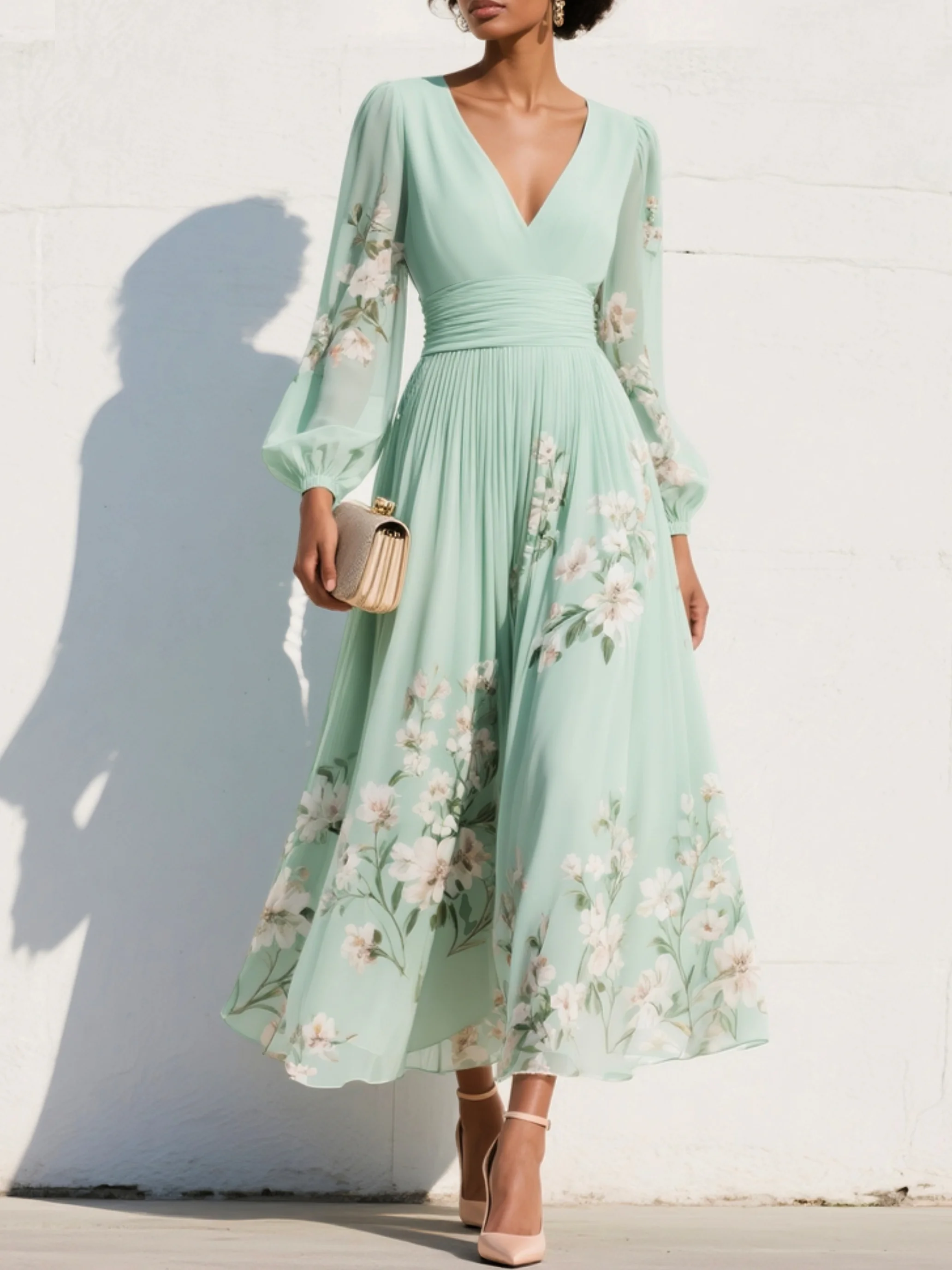 Clementina | Women's Floral V-Neck Midi Dress" can be rewritten as:
"Clementina | Women's Midi Dress with Floral V-Neck Design
