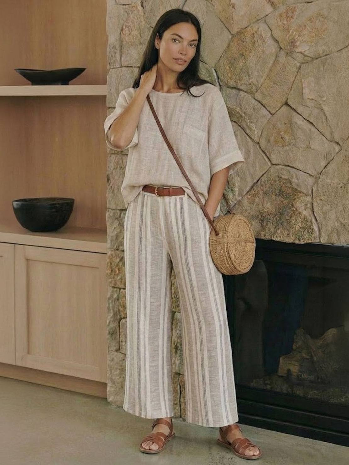 Paloma | Women's Striped Wide-Leg Pants and Tee Set - Casual Two-Piece Outfit