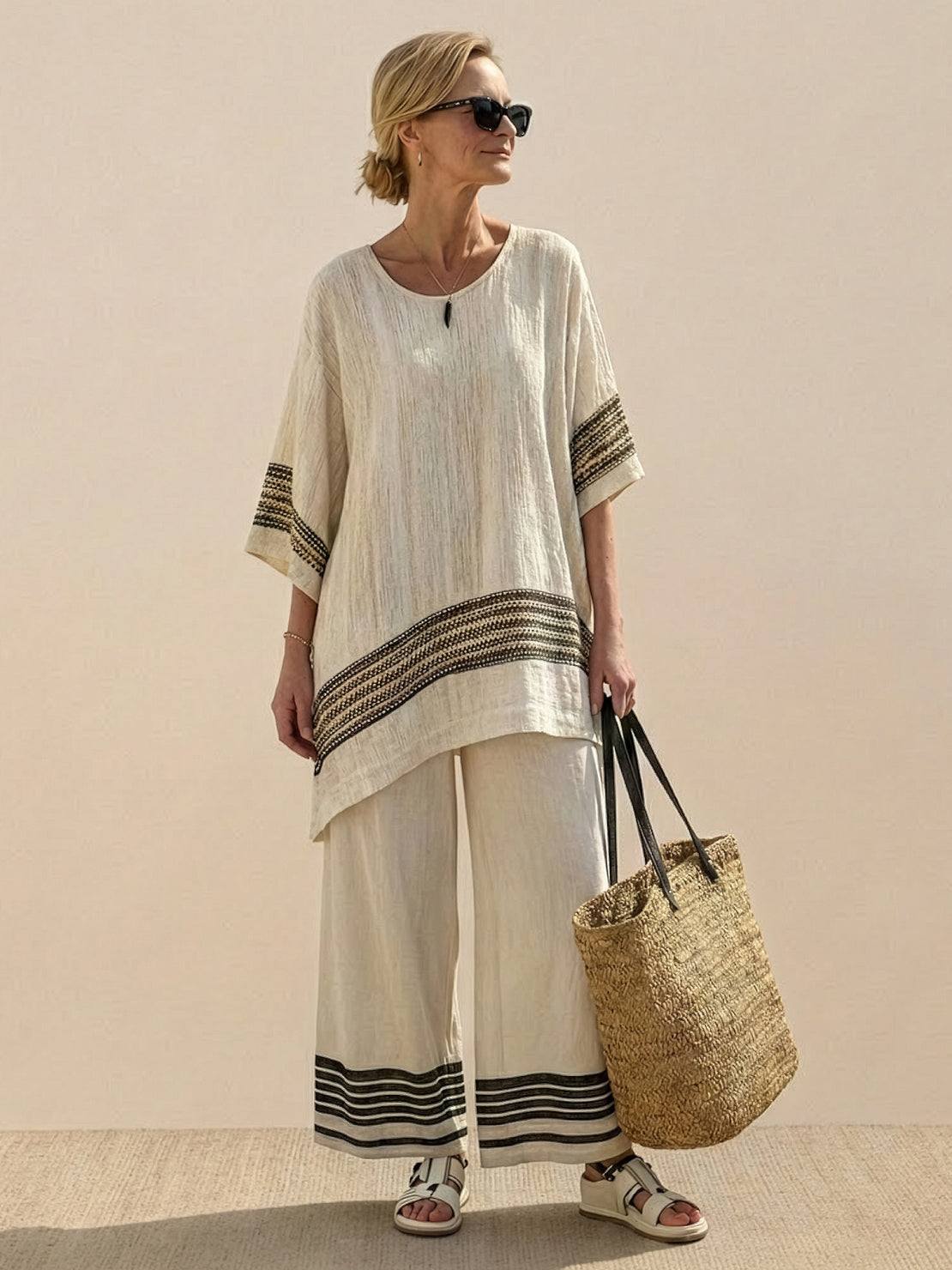Paloma | Women's Striped Wide-Leg Pants and Tee Set - Casual Two-Piece Outfit