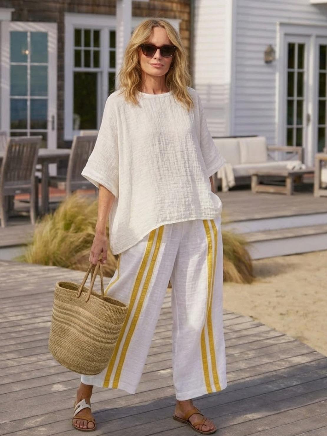 Paloma | Women's Striped Wide-Leg Pants and Tee Set - Casual Two-Piece Outfit