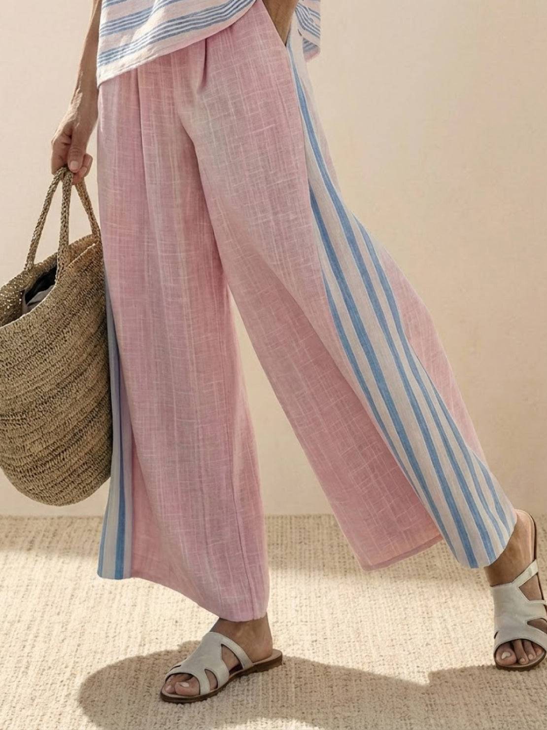 Paloma | Women's Striped Wide-Leg Pants and Tee Set - Casual Two-Piece Outfit