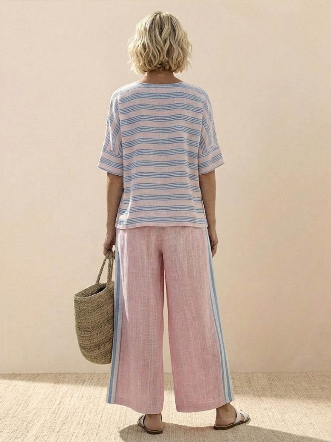 Paloma | Women's Striped Wide-Leg Pants and Tee Set - Casual Two-Piece Outfit