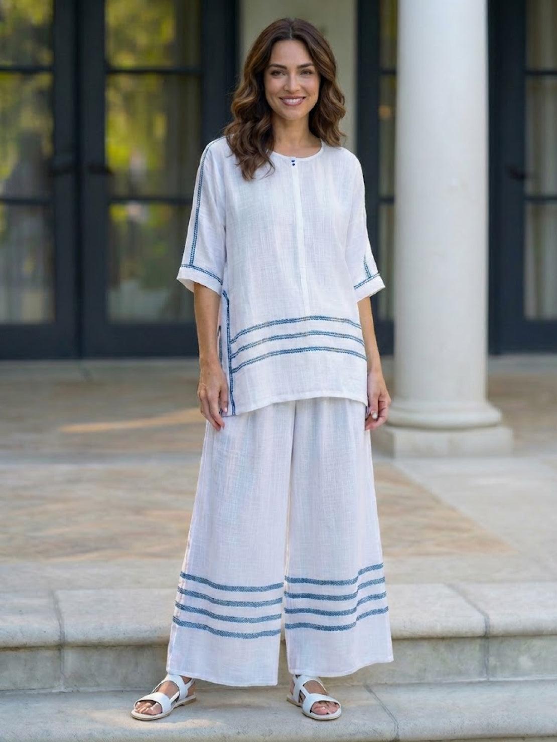 Paloma | Women's Striped Wide-Leg Pants and Tee Set - Casual Two-Piece Outfit