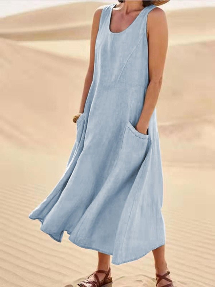 Sage | Women's Sleeveless Maxi Dress with Scoop Neck and Pockets