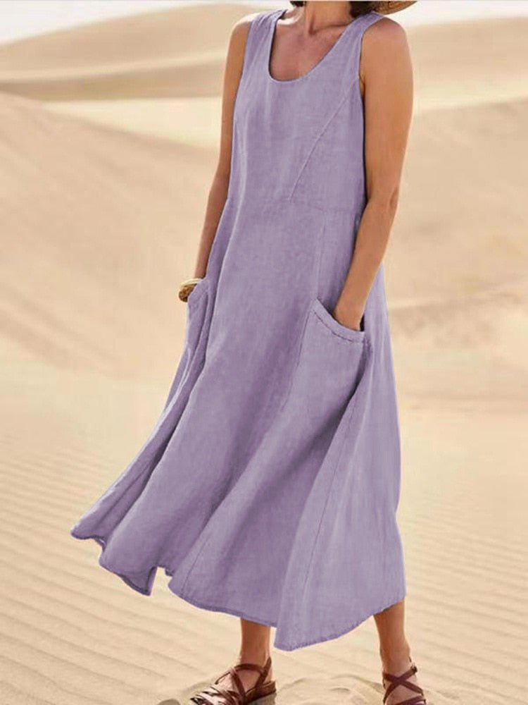 Sage | Women's Sleeveless Maxi Dress with Scoop Neck and Pockets