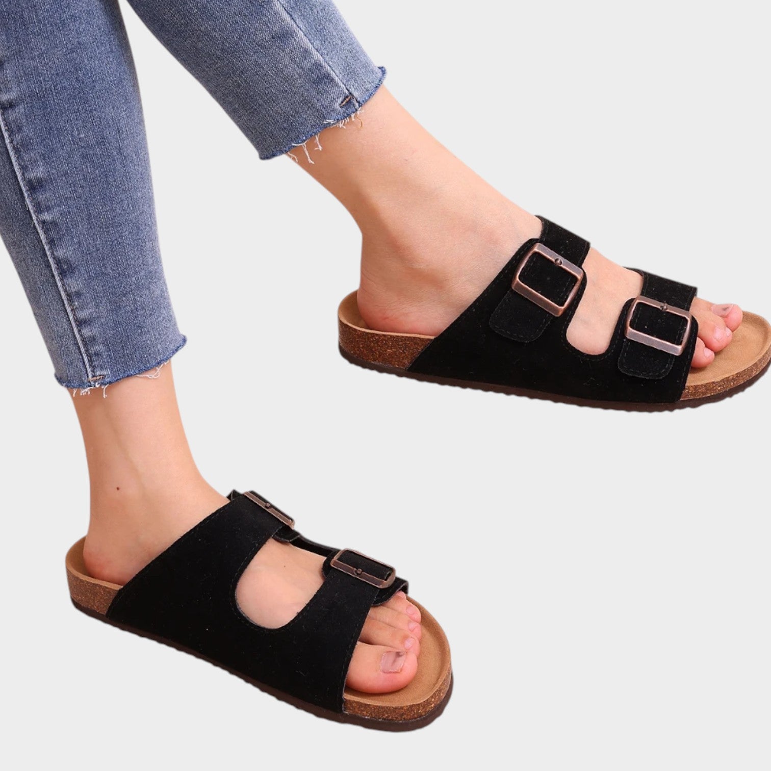 Double Buckle Cork Footbed Sandals