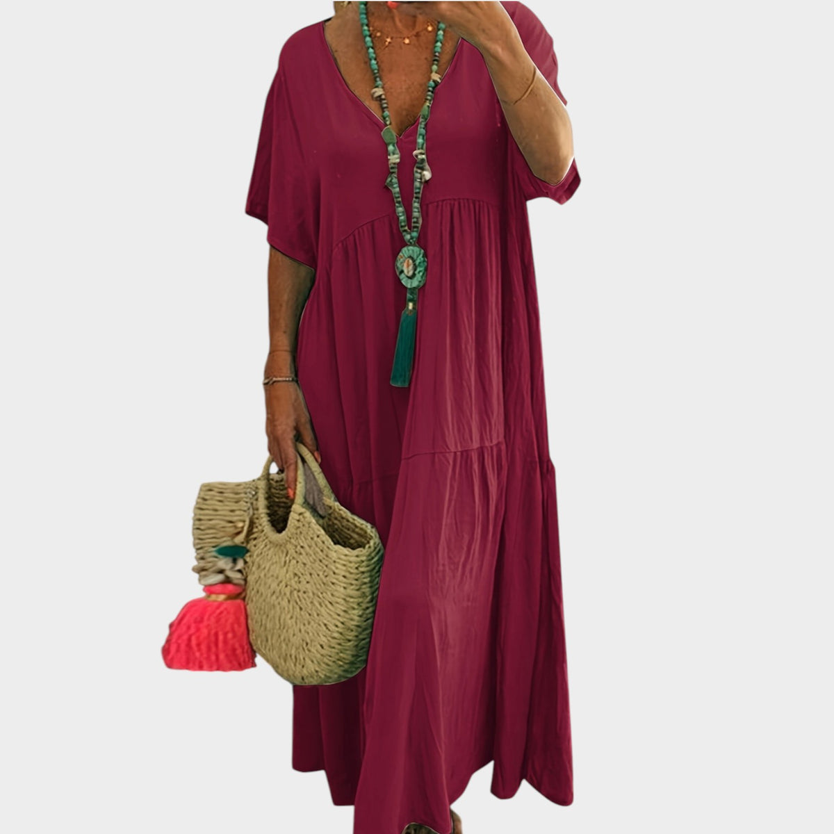Women’s Tiered Maxi Dress with V-Neck and Short Sleeves