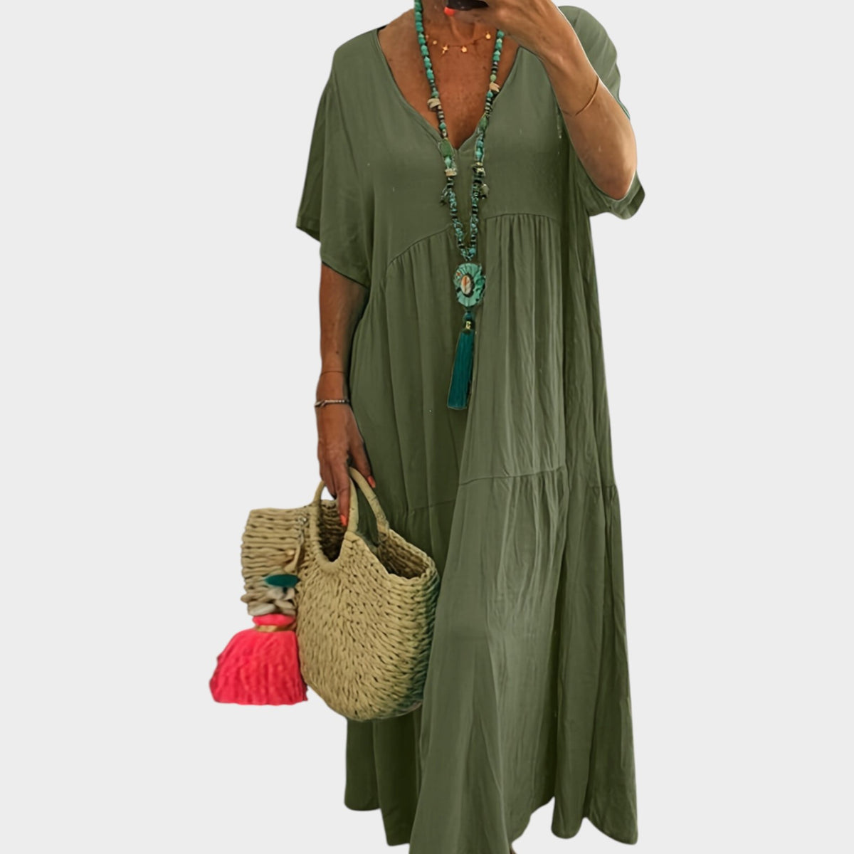 Women’s Tiered Maxi Dress with V-Neck and Short Sleeves