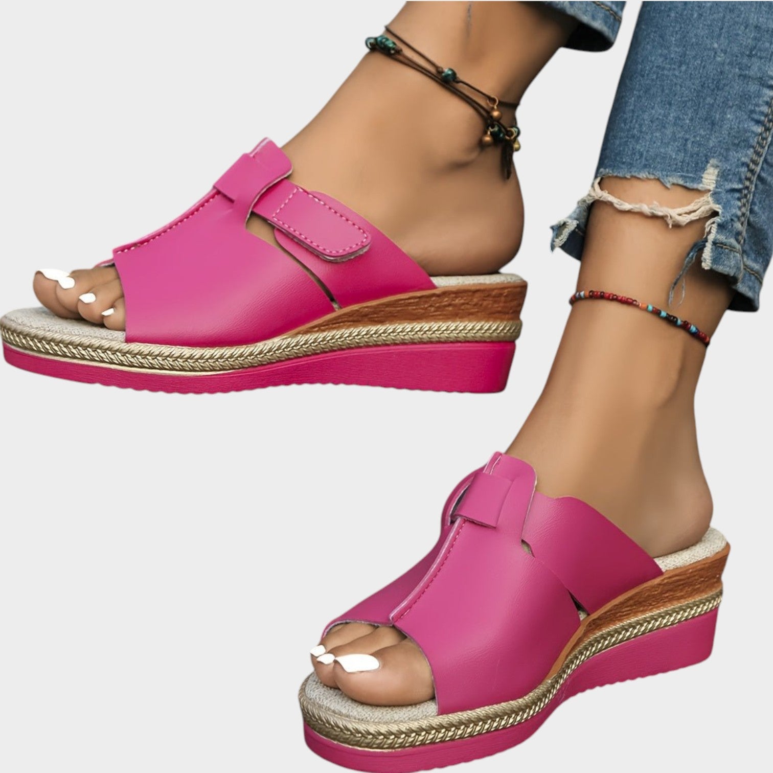 Open Toe Leather Wedge Sandals