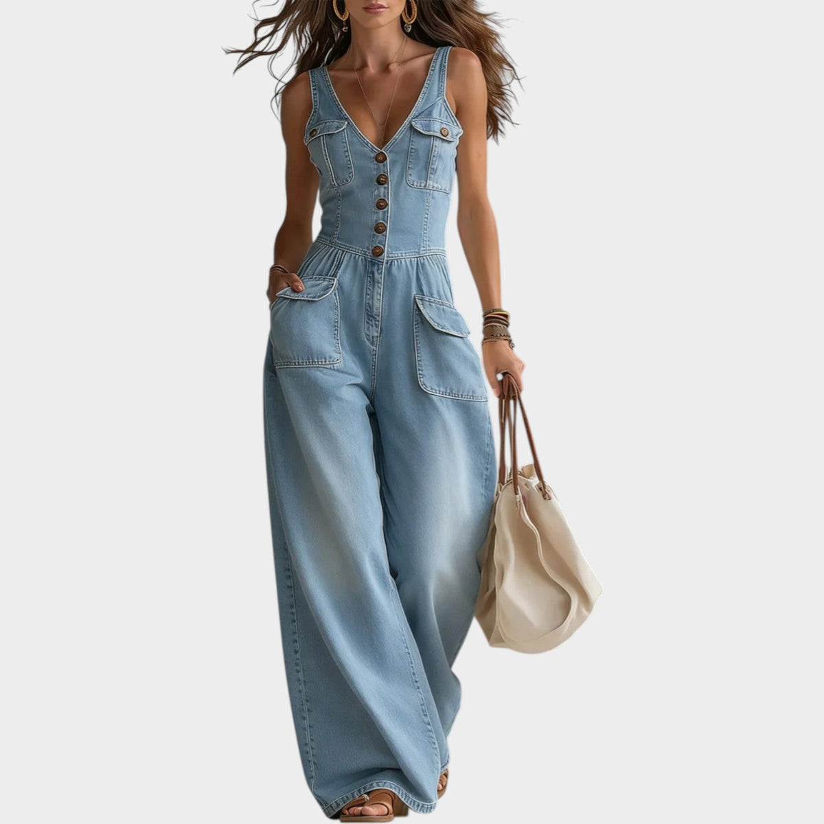 Women's Denim Wide Leg Button-Up Jumpsuit