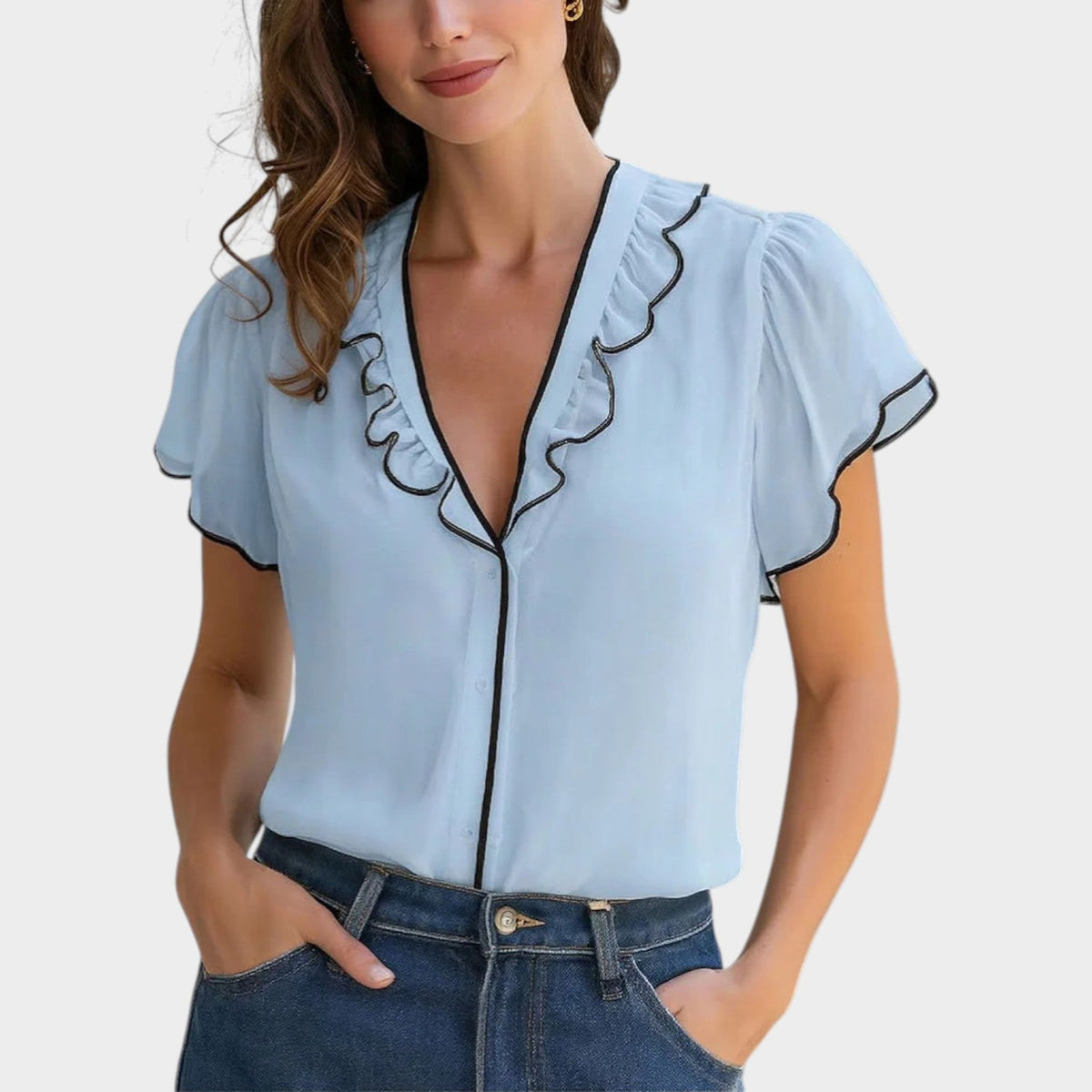 Women's Top Ruffled V-Neck Short Sleeve Blouse