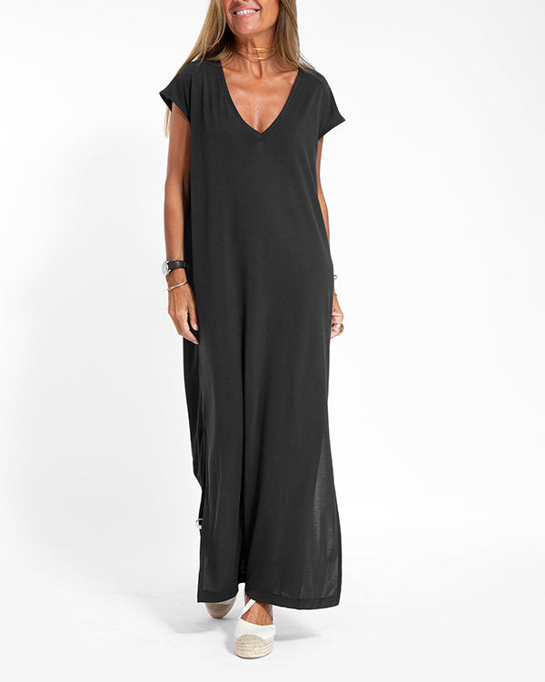 Coral Women's V-Neck Short Sleeve Maxi Dress with Side Slits