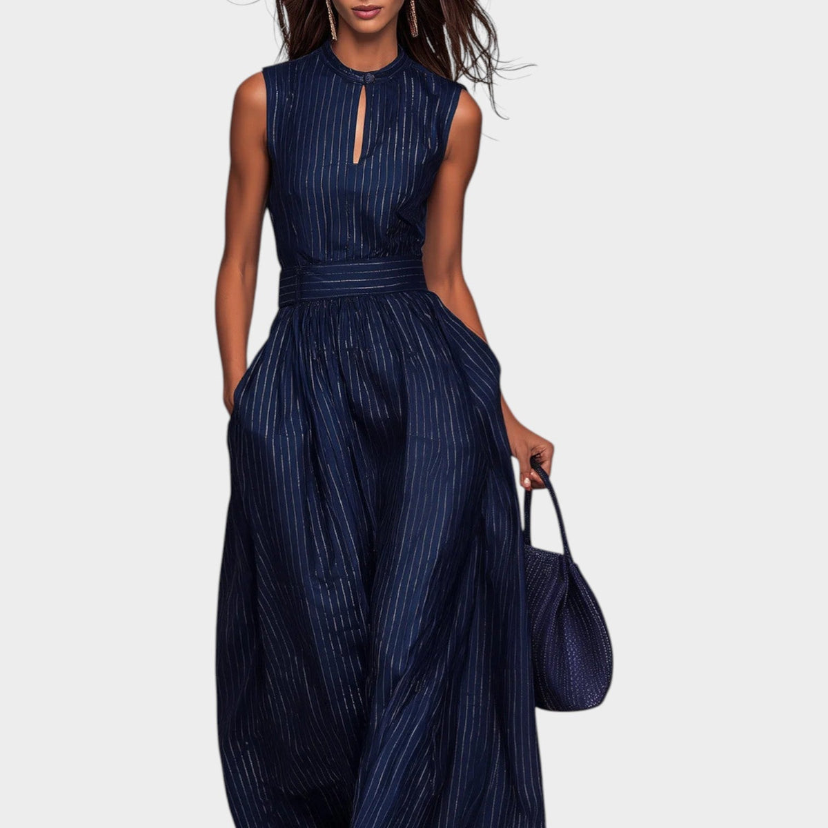 Women's Striped Maxi Dress Sleeveless Fitted Waist