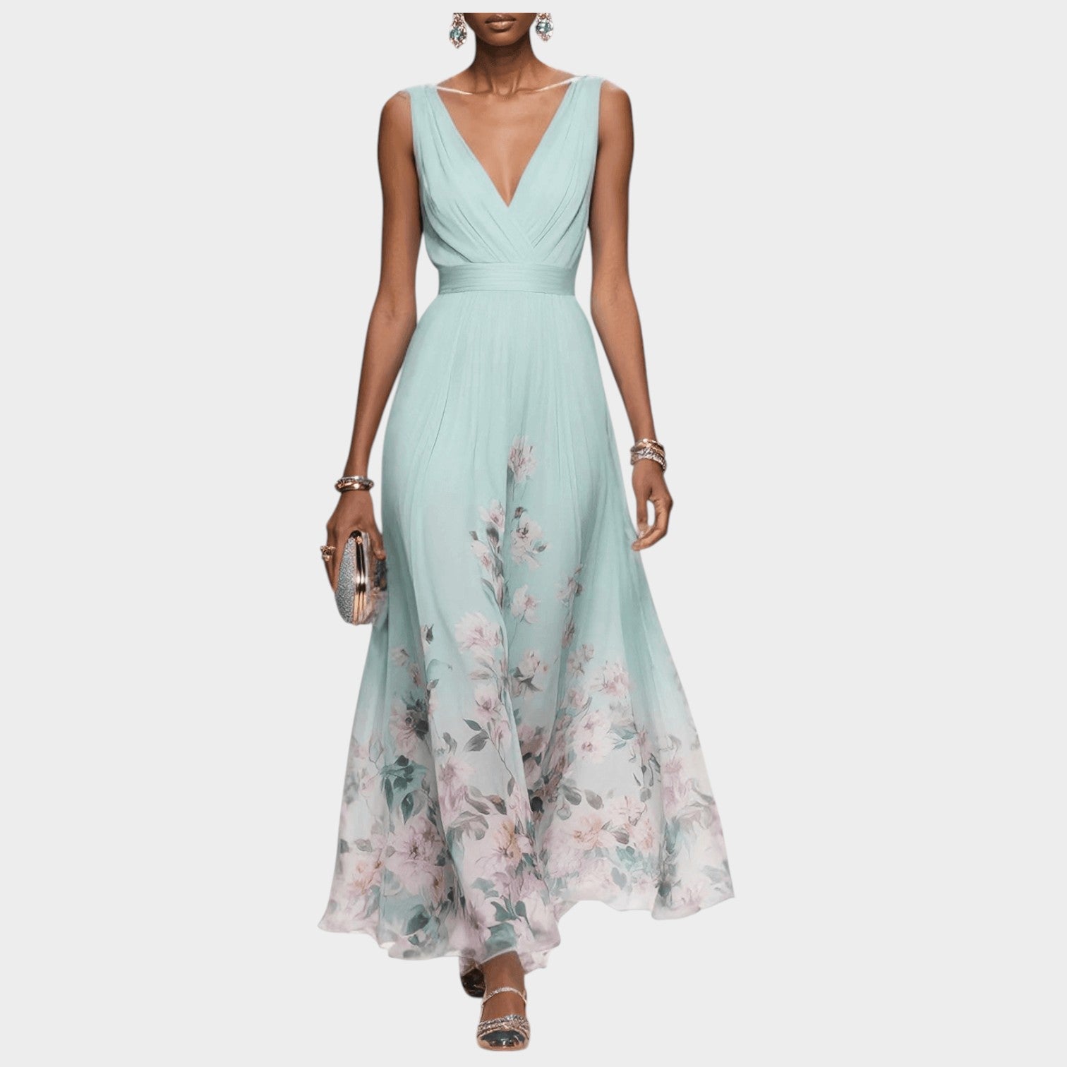V Neck Floral Wedding Guest Maxi Dress