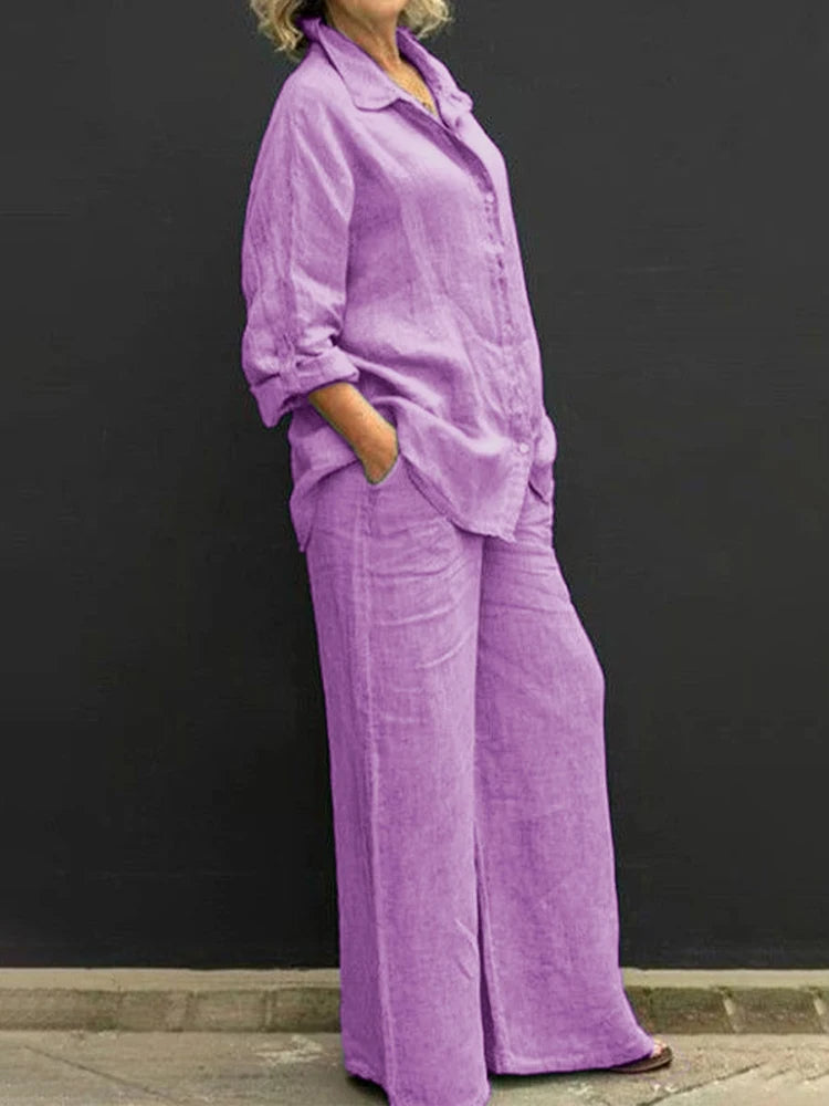 Petra | Women's Long Sleeve Shirt & Wide Leg Pants 2-Piece Set