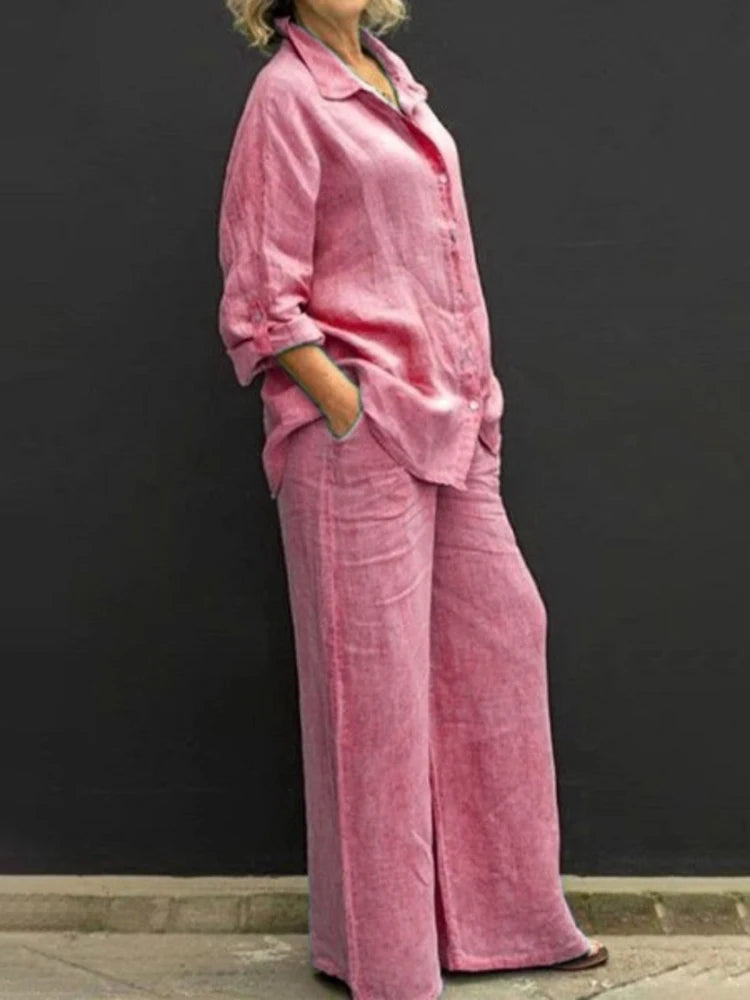 Petra | Women's Long Sleeve Shirt & Wide Leg Pants 2-Piece Set