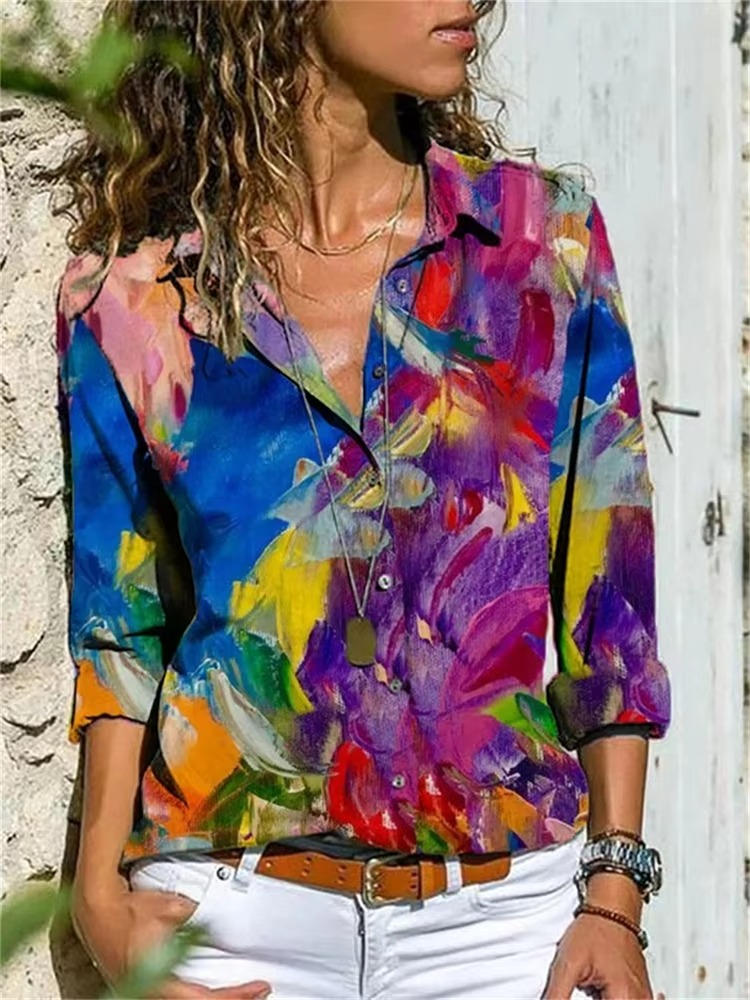 Petra | Women's Long Sleeve Button-Up Shirt with Geometric Print
