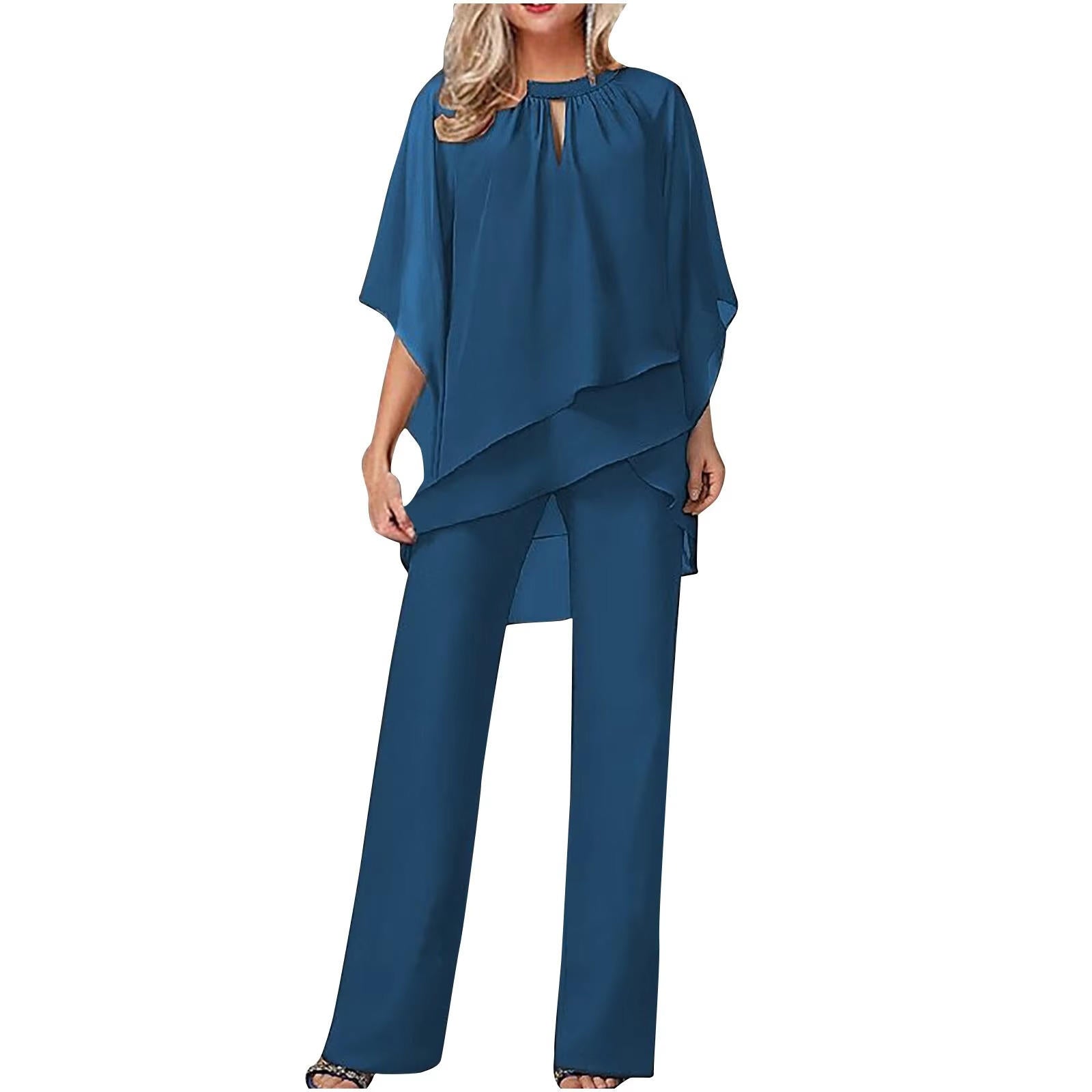 Vivienne | Women's Wide Leg Pantsuit with Chiffon Overlay and Batwing Sleeves