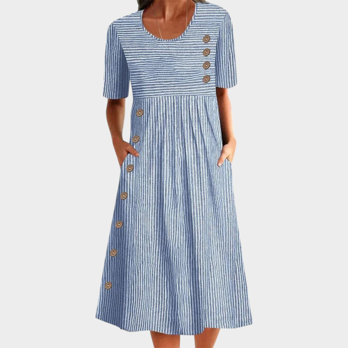 Women's Linen Midi Dress Stripped Short Sleeves