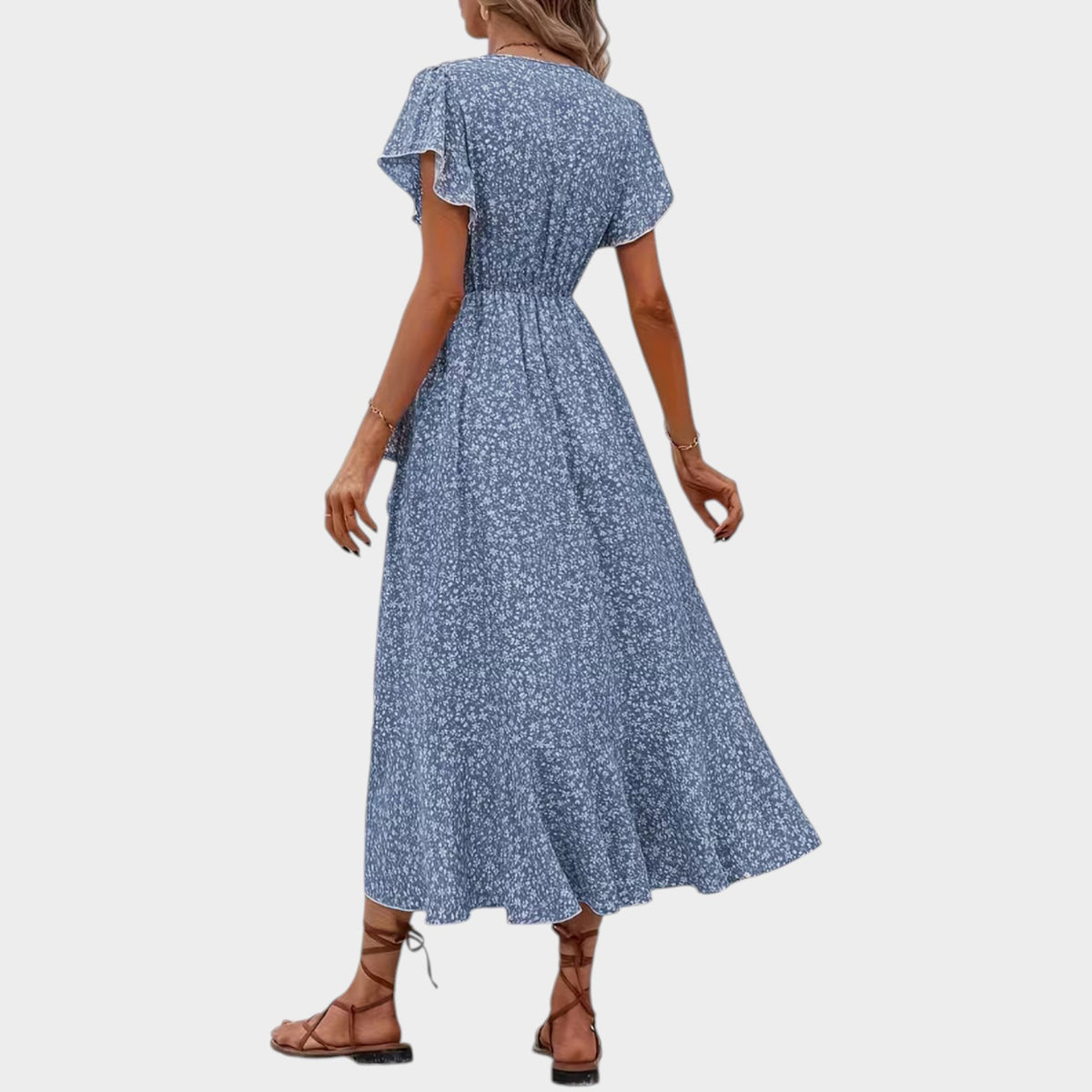 Women’s Floral Wrap Midi Dress with V-Neckline Short Sleeves