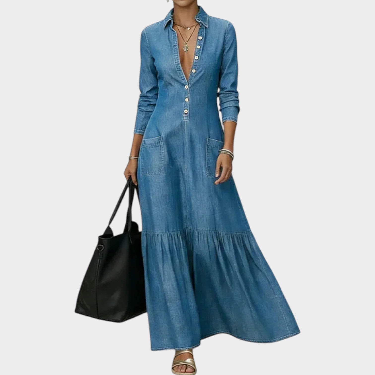 Flattering Button-Front Denim Maxi Dress
