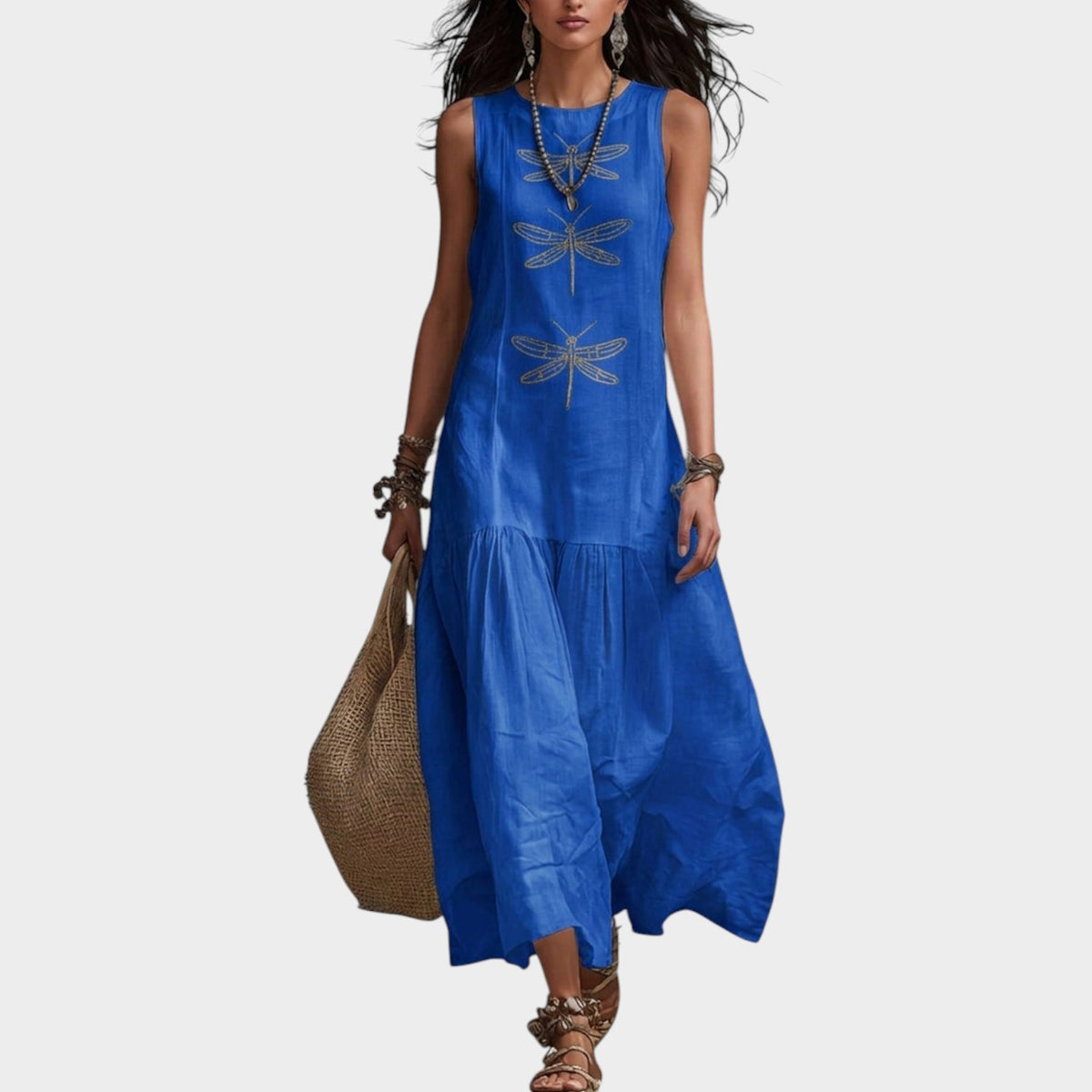 Women's Linen Maxi Dress Sleeveless Dragonflies Print