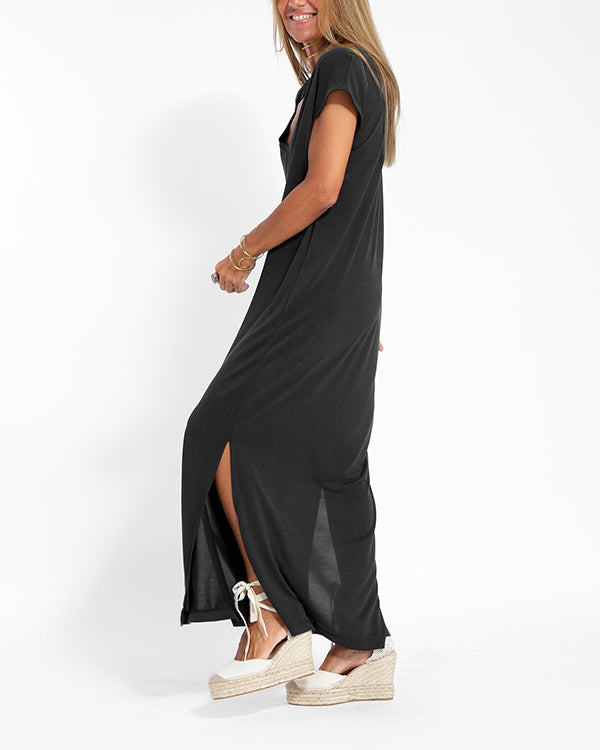 Coral Women's V-Neck Short Sleeve Maxi Dress with Side Slits