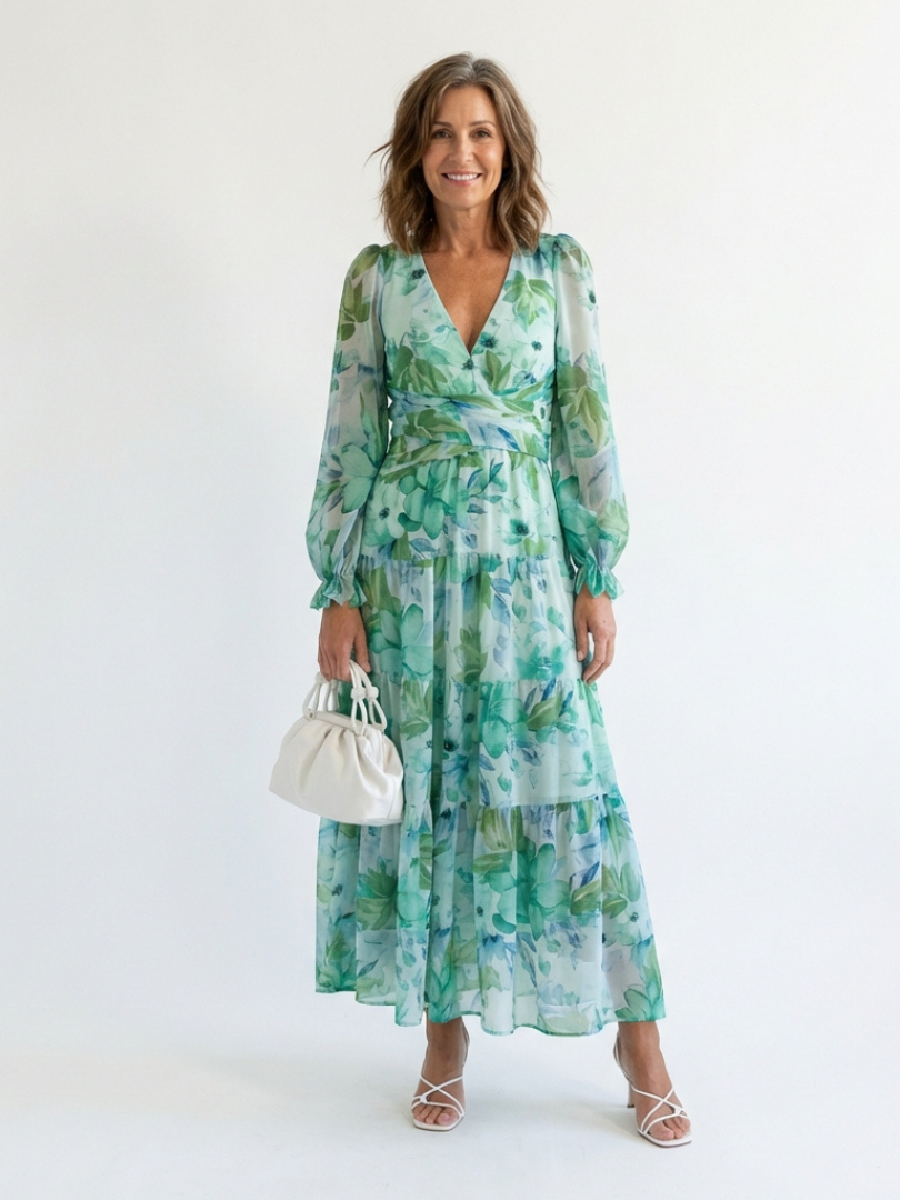 Emilia | Women's Floral Maxi Dress with V-Neck and Long Sleeves
