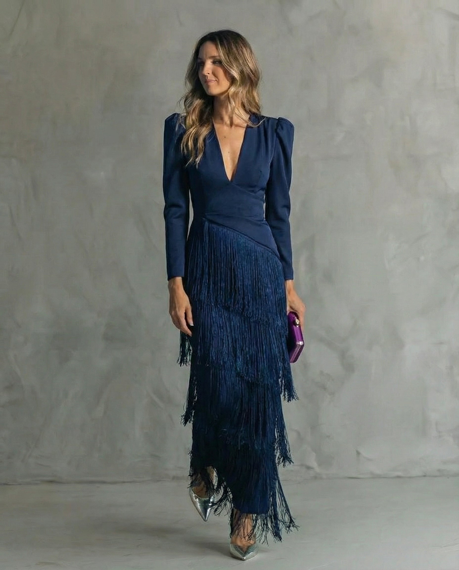 Esmeralda | Women's V-Neck Maxi Dress with Fringe Details