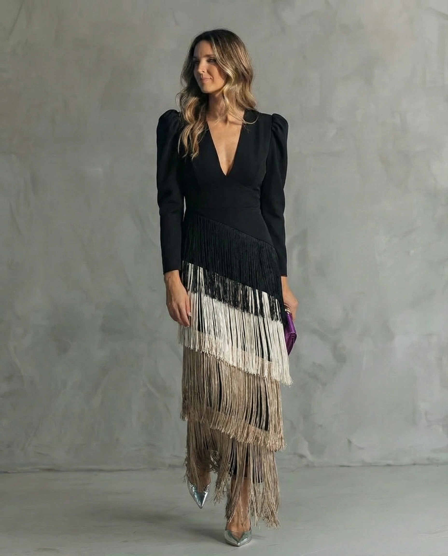 Esmeralda | Women's V-Neck Maxi Dress with Fringe Details