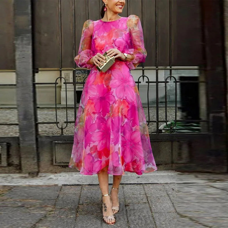 Evangeline | Women's Midi Dress with Floral Long Sleeves