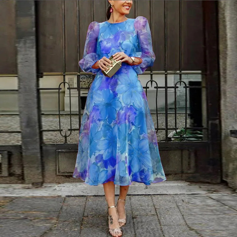 Evangeline | Women's Midi Dress with Floral Long Sleeves