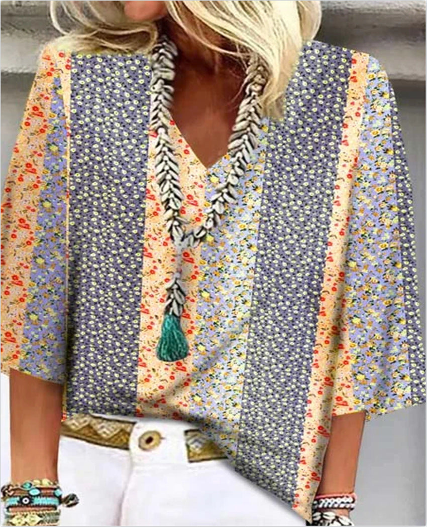 Mosaic | Women's V-Neck 3/4 Sleeve Top with Ditsy Floral Patchwork