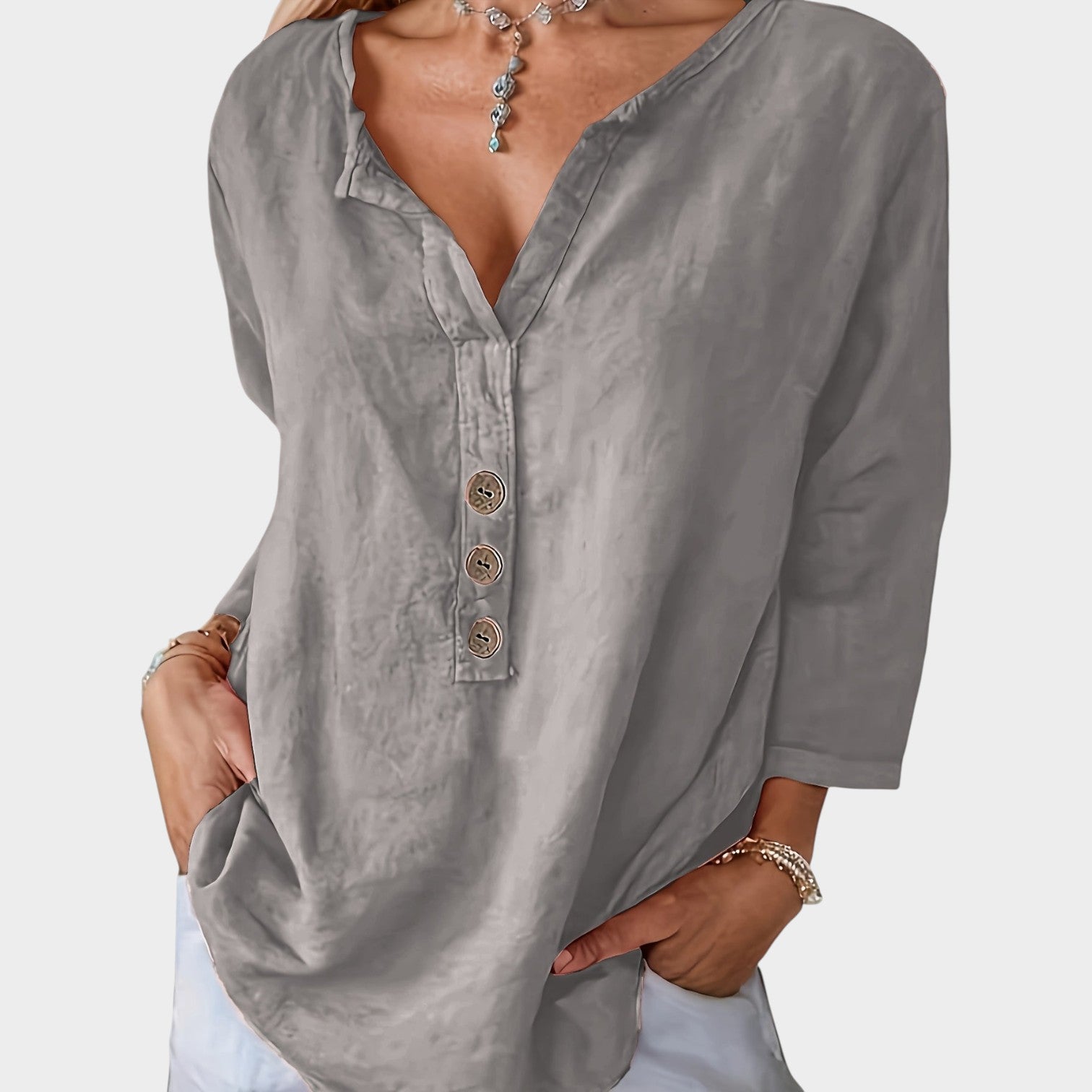 Button Up V-Neck Blouse