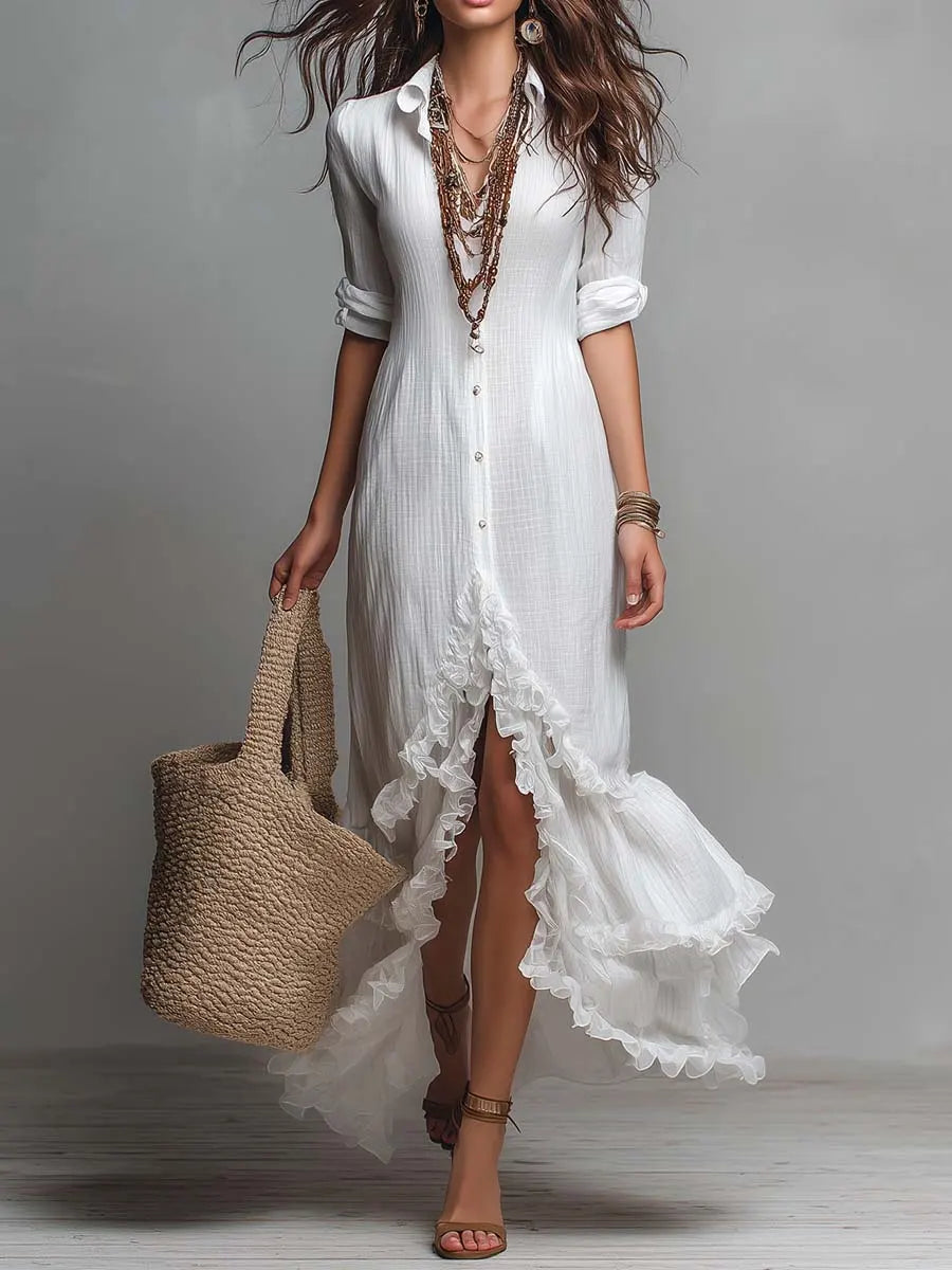 Ruffle Hem Maxi Shirt Dress