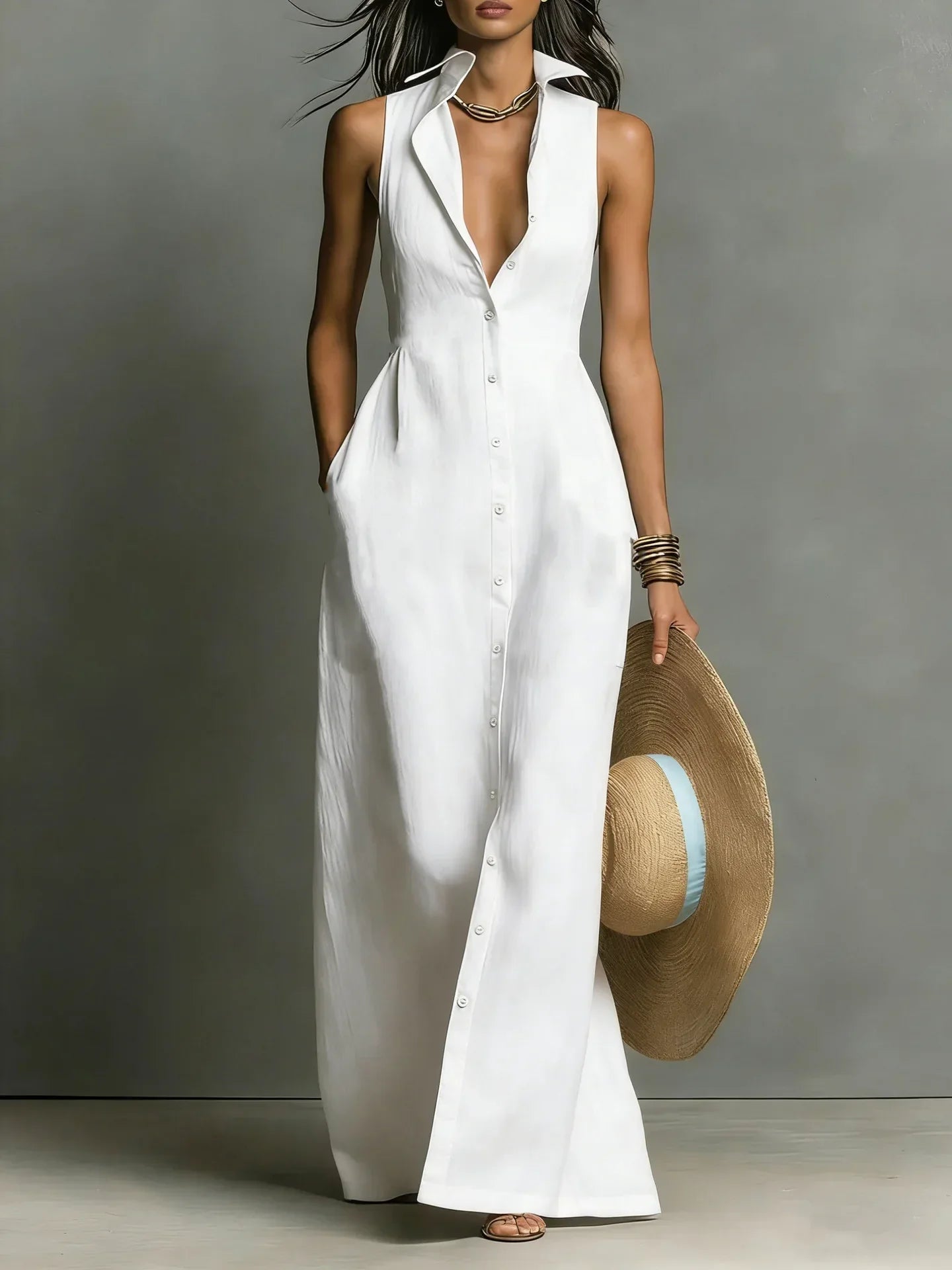 Francine | Women's Sleeveless Maxi Dress with Button Down Detail