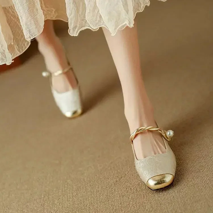 Celeste | Women's Glitter Block Heel Mary Jane Shoes with Pearl Strap