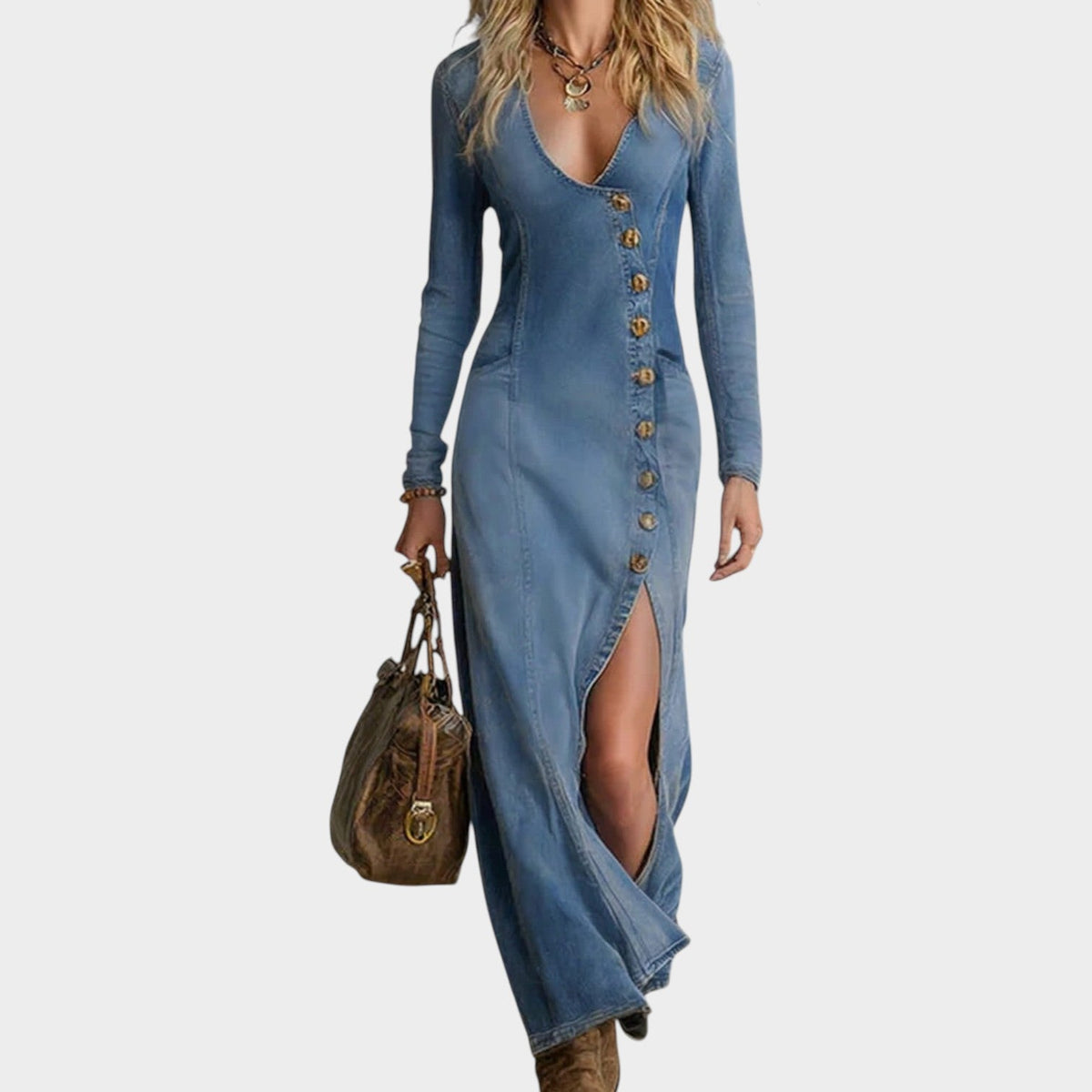 Women's Denim Maxi Dress V Neck Button-Down