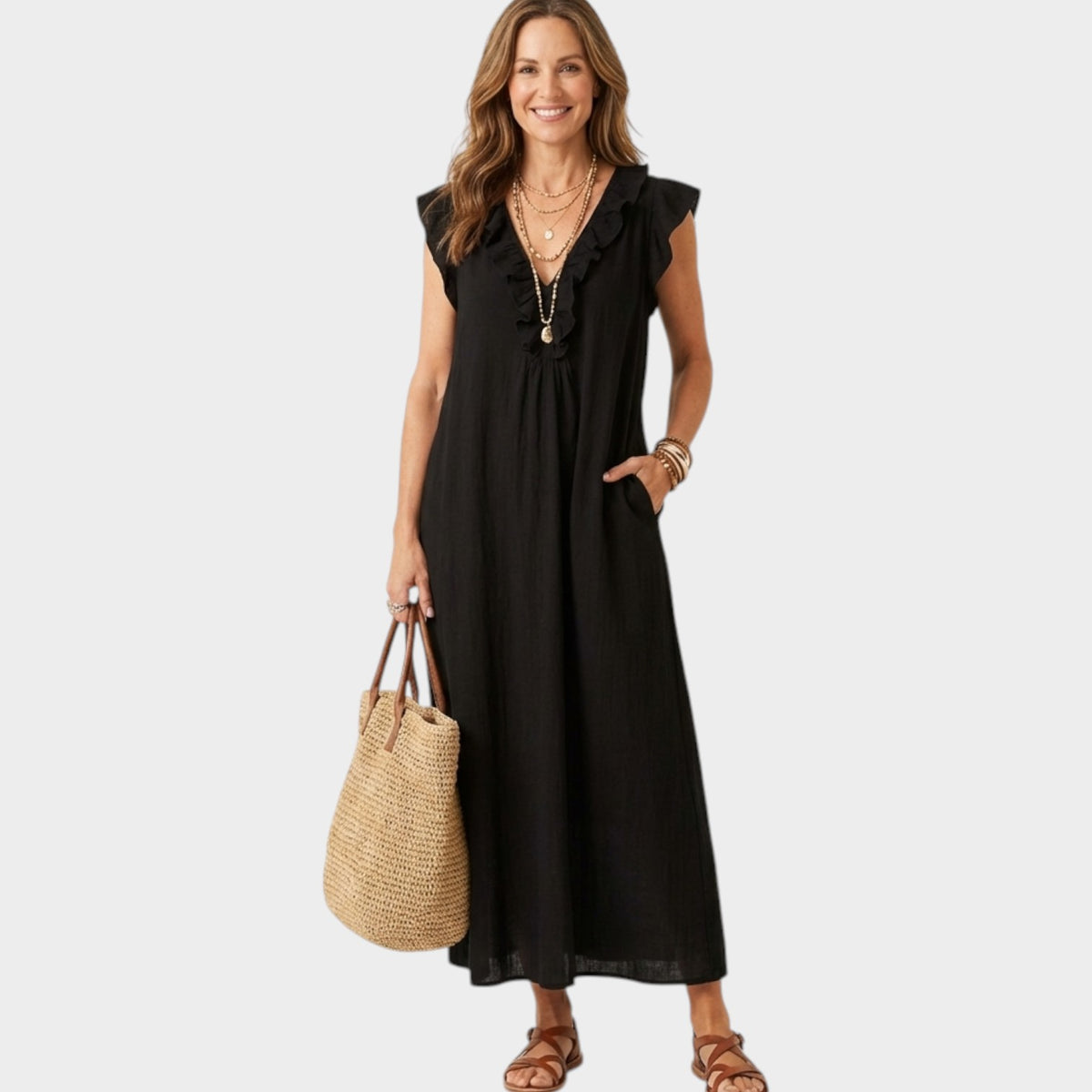 Women's Linen Maxi Dress Ruffle V-Neck