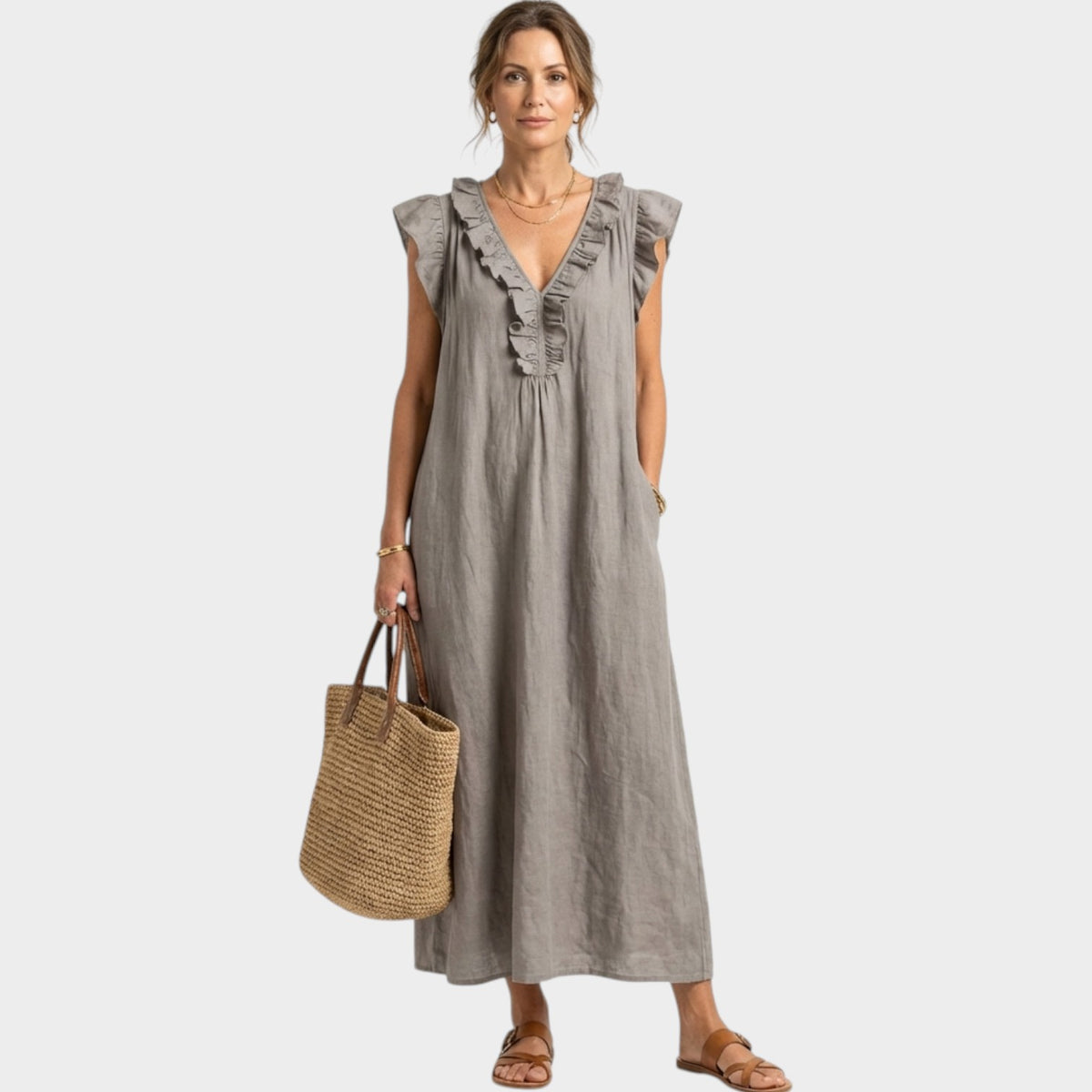 Women's Linen Maxi Dress Ruffle V-Neck