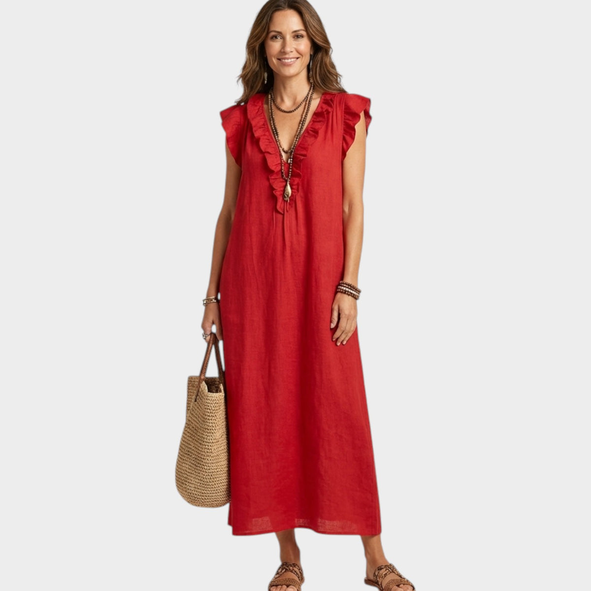Women's Linen Maxi Dress Ruffle V-Neck