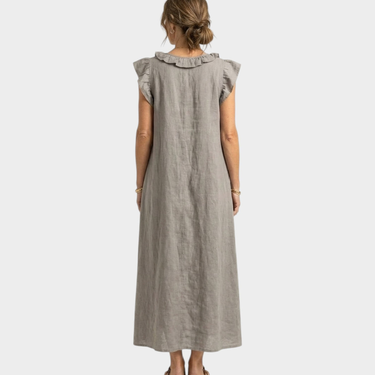 Women's Linen Maxi Dress Ruffle V-Neck