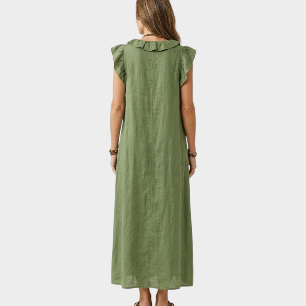 Women's Linen Maxi Dress Ruffle V-Neck