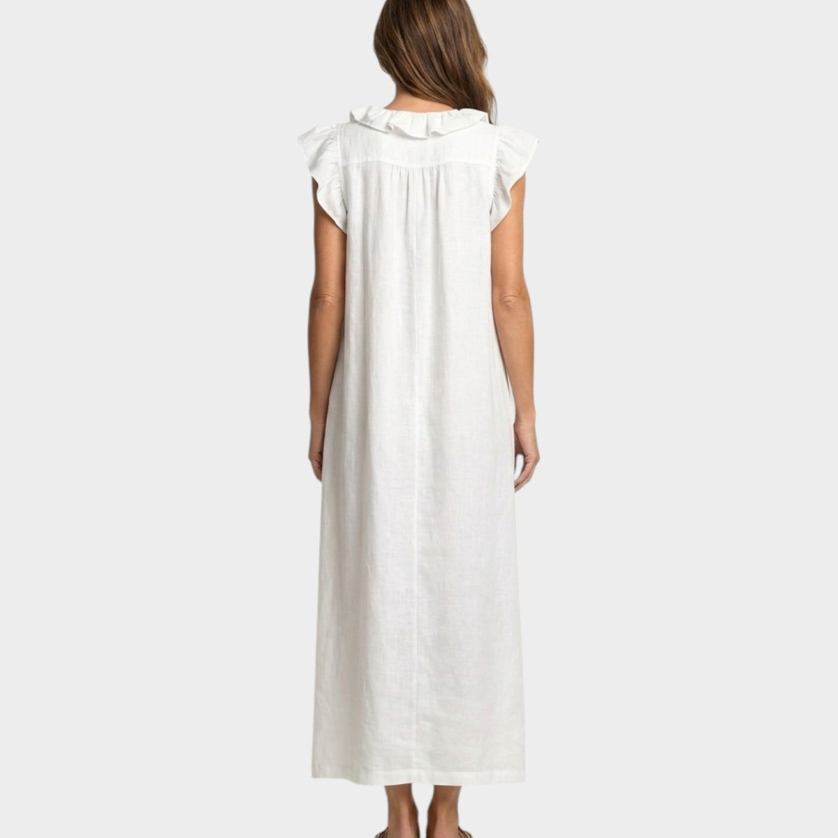 Women's Linen Maxi Dress Ruffle V-Neck