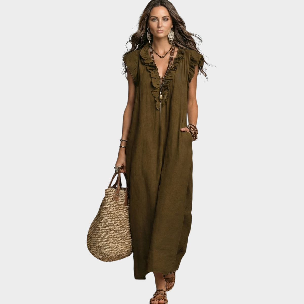 Women's Linen Maxi Dress Ruffle V-Neck