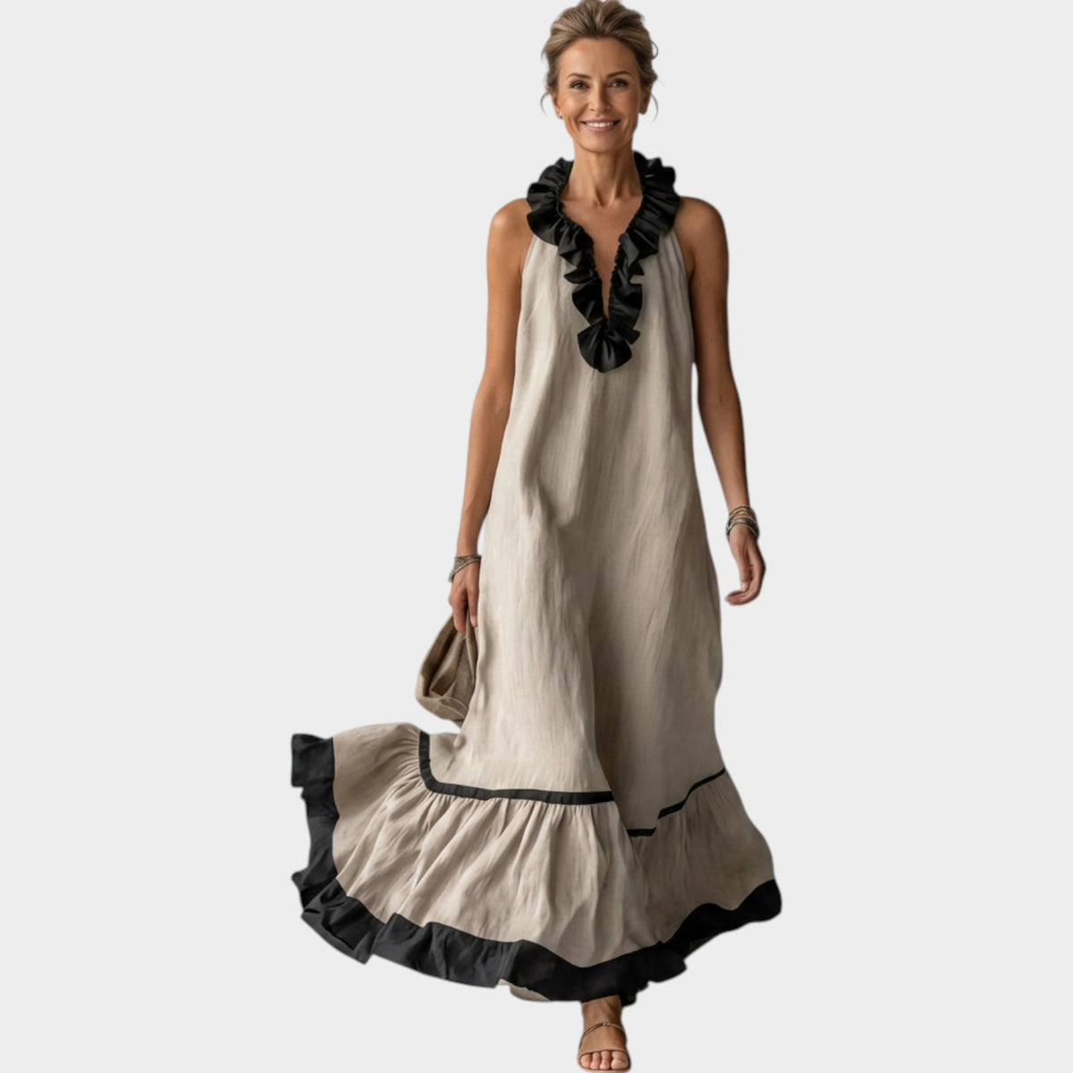 Women's Ruffle Maxi Dress Sleeveless Contrast Trim