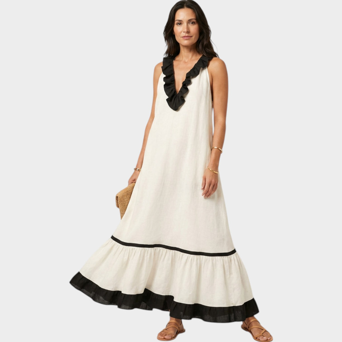 Women's Ruffle Maxi Dress Sleeveless Contrast Trim