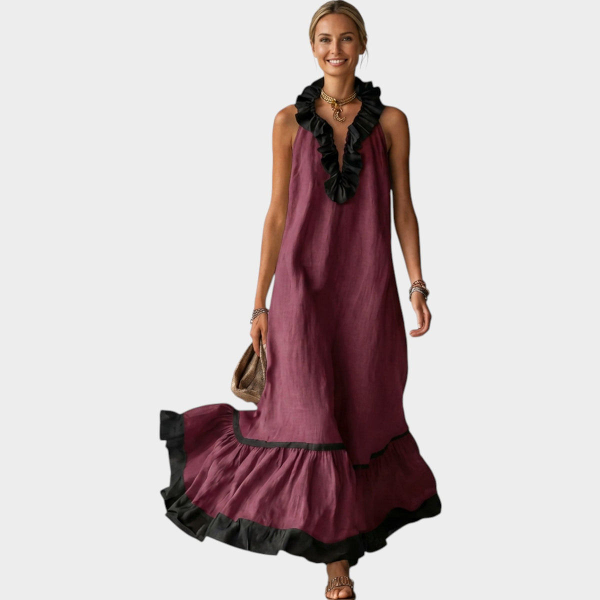 Women's Ruffle Maxi Dress Sleeveless Contrast Trim