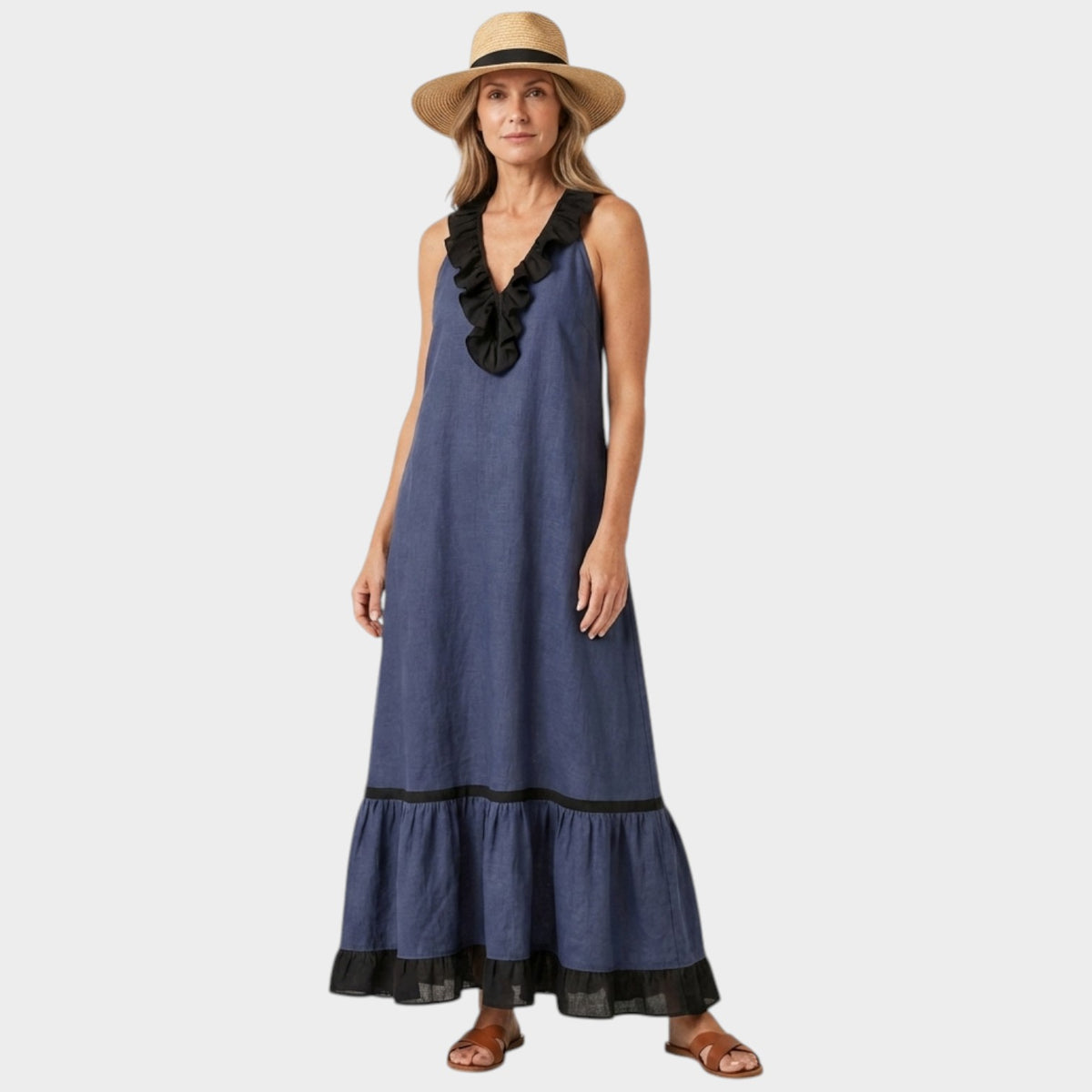 Women's Ruffle Maxi Dress Sleeveless Contrast Trim
