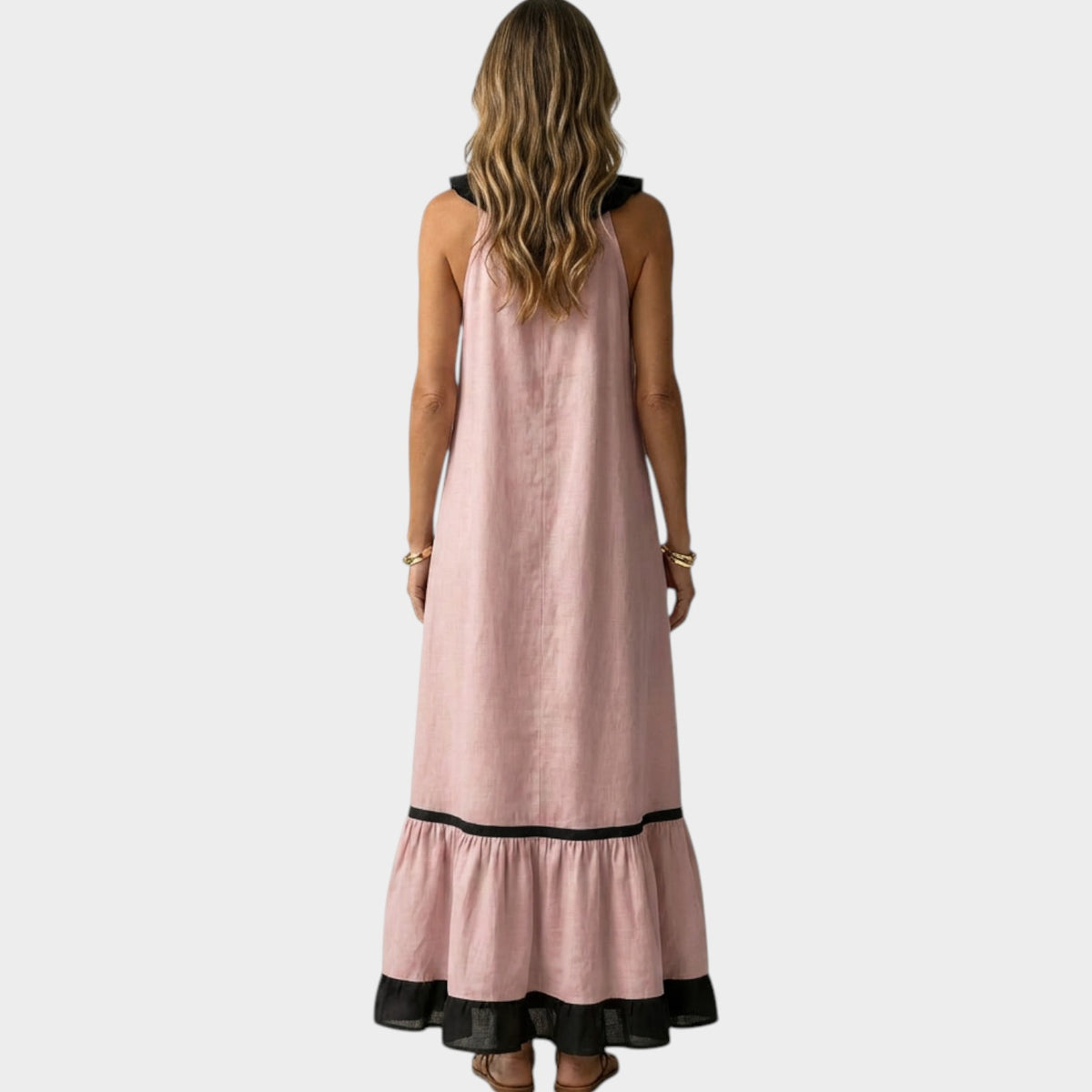 Women's Ruffle Maxi Dress Sleeveless Contrast Trim